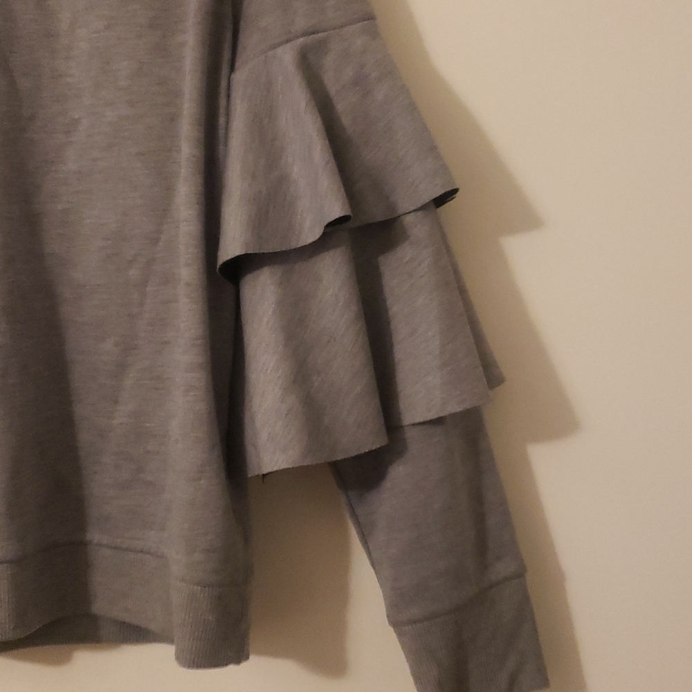 Chelsea28 Gray Ruffle Sleeve Blouse Mock Neck Lace Trim Feminine Chic - Picture 4 of 8